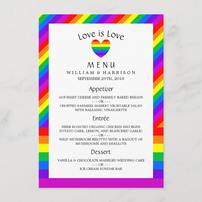Rainbow Heart Love is Love is Love Menú Boda (Anverso)