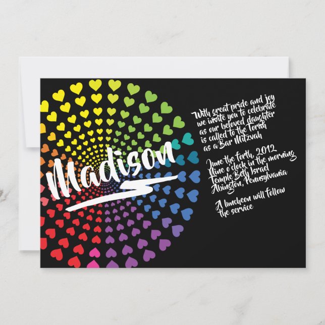 RAINBOW HEARTS Bat Mitzvah Invitación (Anverso)