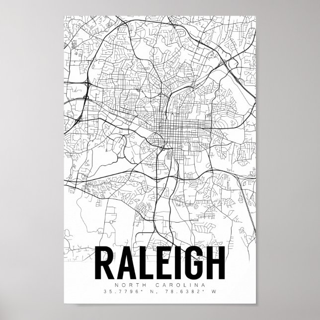 Raleigh NC Mapa Minimalista Poster de arte (Frente)