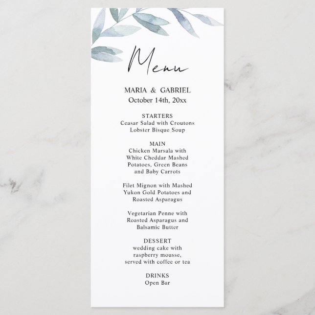 Rama acuarela moderna. Tarjeta de menú Airy Boda (Anverso)
