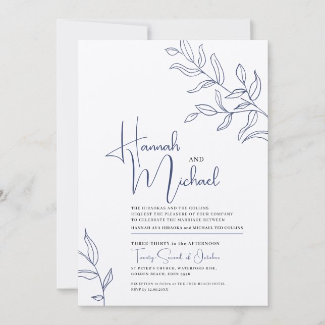 Rama azul de hojas esbozar invitación a la boda (Anverso)