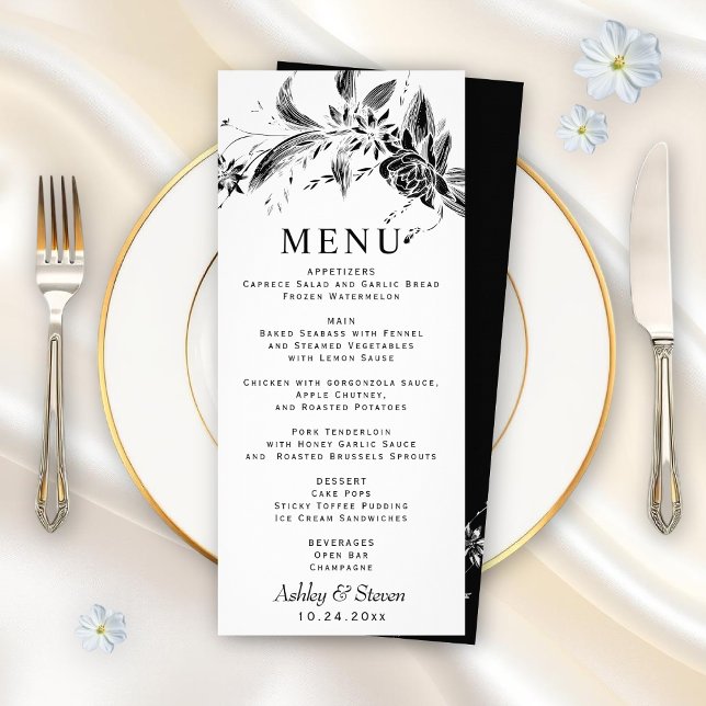 Rama con tarjeta de menú de flores blancas y negra (Subido por el creador)