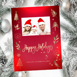 Rama de pino dorado Foto roja Felices Fiestas