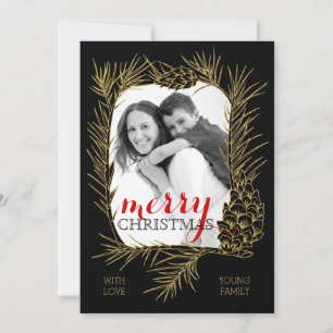 Rama de pino dorado y marco de cono Feliz Navidad