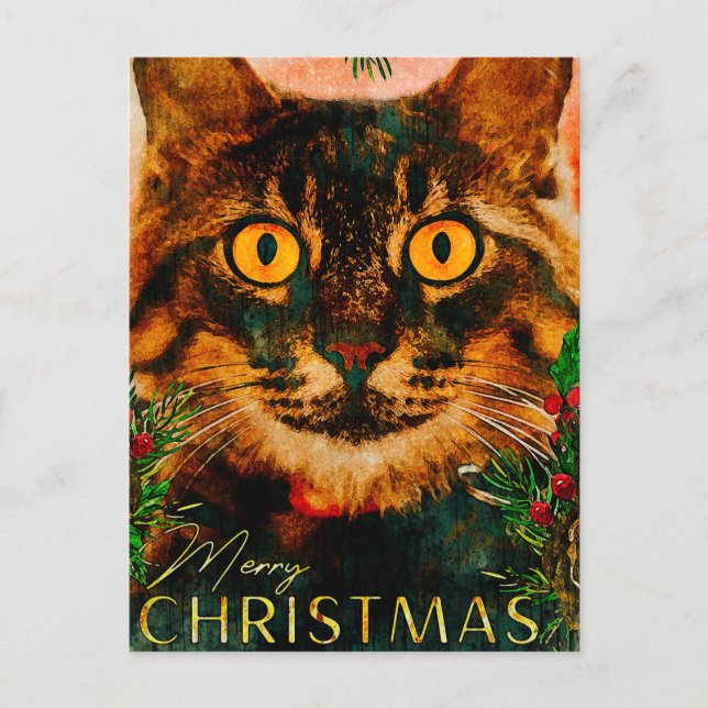 Rama De Pino Vintado Y Feliz Navidad De Gato De Ho (Anverso)