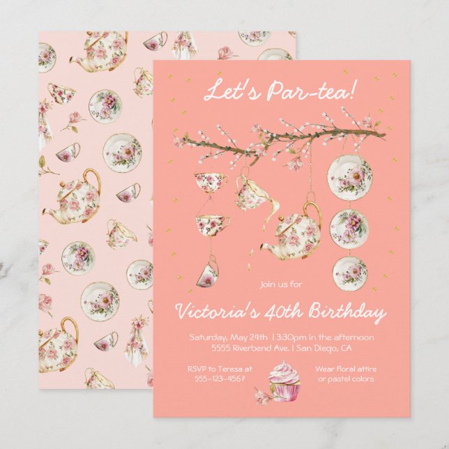 Rama del Fiesta del té floral Invitación al cumple (Anverso / Reverso)
