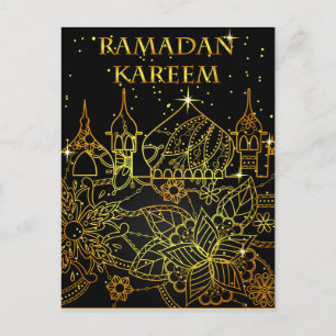 Ramadan Kareem postal dorado sobre negro