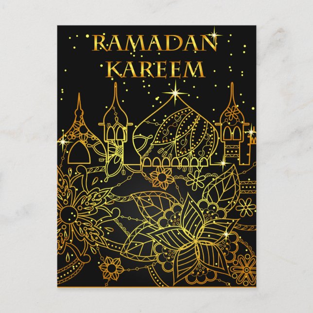 Ramadan Kareem postal dorado sobre negro (Anverso)