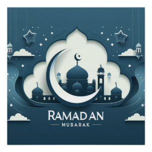 Ramadán Moderno Azul Y Blanco Poster Mubarak