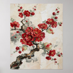 Ramas de Granada Flores Rojas Pintura al Óleo Arte