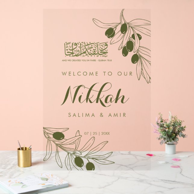 Ramas de olivo verdes Señal acrílica Nikkah (Boda)