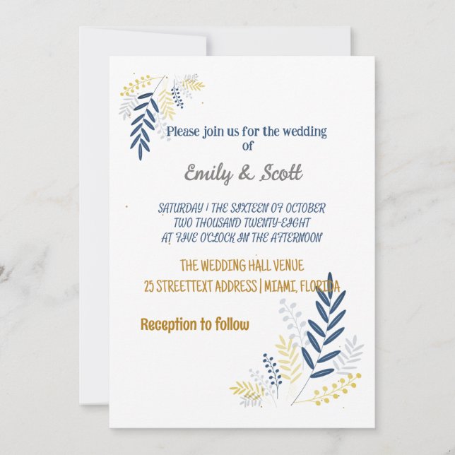 Ramas doradas azules Invitaciones a la boda (Anverso)