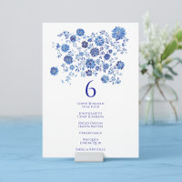 Ramo de flores azules para número de mesa de boda 