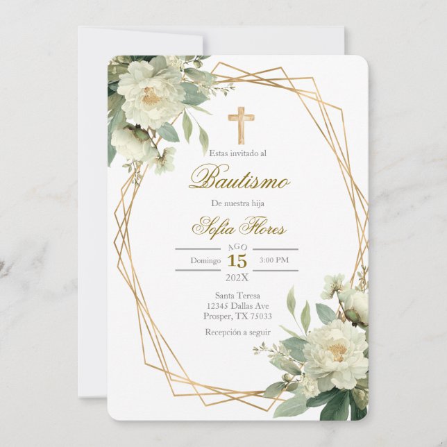 Ramo de flores blancas Bautismo Tarjeta de Invitac (Anverso)