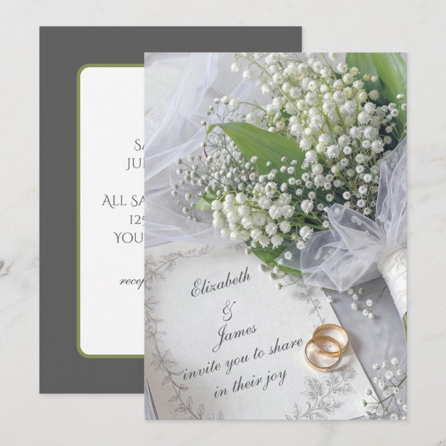 Ramo de lirios del valle en una invitación de boda (Anverso / Reverso)