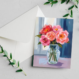 Ramo de Rosa Rosa Florero de Vidrio Tarjeta Floral
