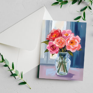 Ramo de Rosa Rosa Florero de Vidrio Tarjeta Floral