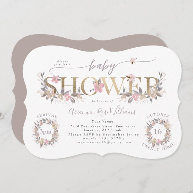 Ramo dorado Caída Rosa Ducha Bebé Invitación (Anverso / Reverso)