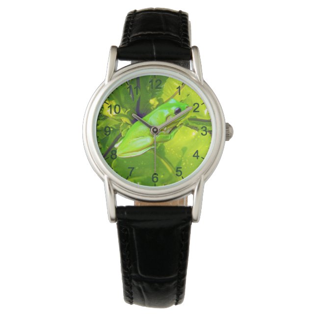 Rana de árbol verde, reloj de cuero para mujeres (Anverso)