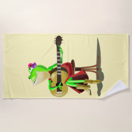 Rana divertida de toalla de playa tocando música d