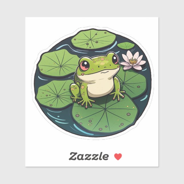 Rana dulce Kawaii sobre Pegatina Lily Pad, Rana Cu (Hoja)