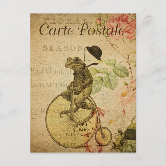 Rana en bicicleta con tarjeta postal francesa vint (Anverso)