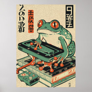 Rana jugando juegos de PC, arte de rana Ukiyo-e, R