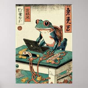 Rana jugando juegos de PC, arte de rana Ukiyo-e, R