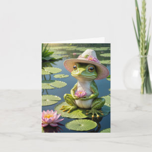 Rana sentada en una tarjeta de nota Lily Pad