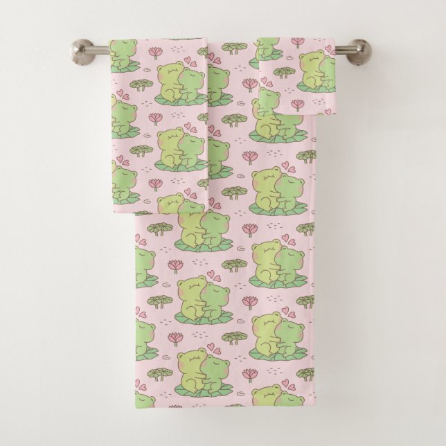 Ranas Abrazándose Adorables en Patrón Rosa de Amor (In situ)