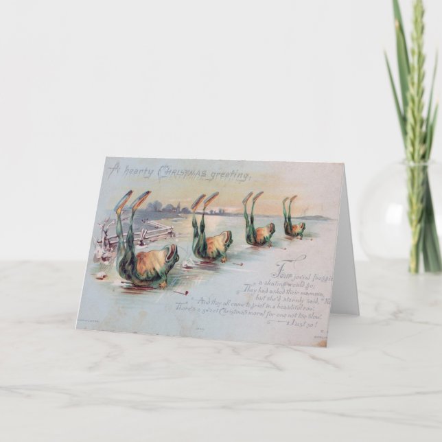 Ranas en la postal antigua de los Navidades de hie (Anverso)
