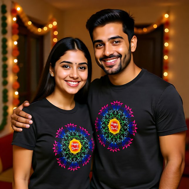 Ranggoli colorido con camiseta Diwali feliz (Colorful Rangoli with Happy Diwali T-Shirt)