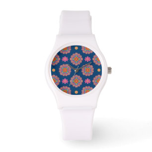 Rangoli, flores, polkas en reloj de pulsera de esp
