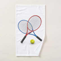 Raquetas y pelota de tenis rojas y azules en 3D