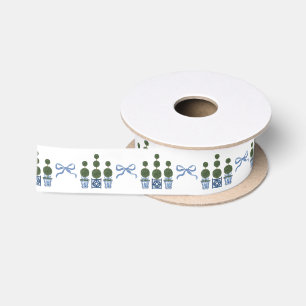 Raso Árbol topiario de chinoiserie con lazo azul