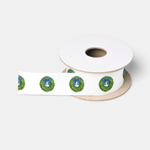 Raso Corona de boj verde con lazo azul