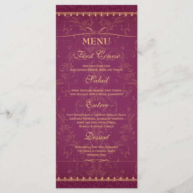 Raspberry oscura y menú de bodas dorado y elegante (Anverso)