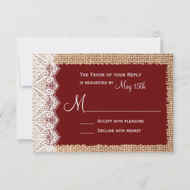 Rastic Country Burlap Lace Red Wedding RSVP (Anverso)