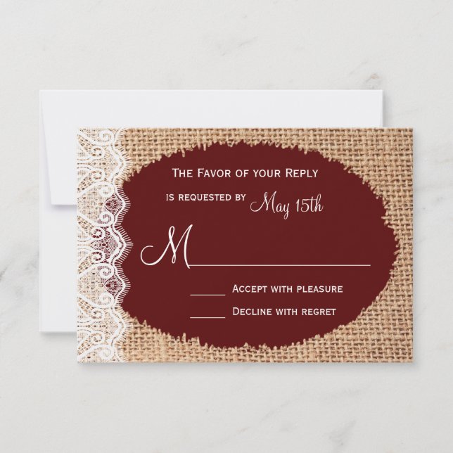 Rastic Country Burlap Lace Red Wedding RSVP (Anverso)