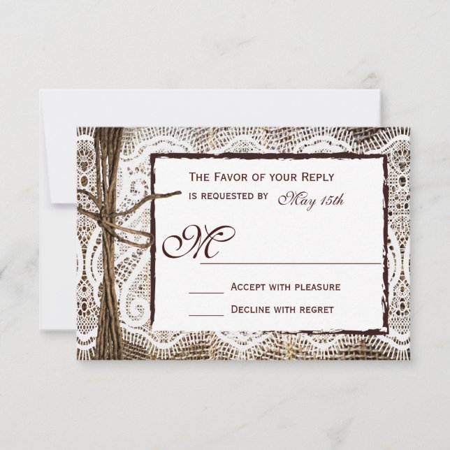 Rastic Country Burlap Lace Twine Wedding RSVP (Anverso)