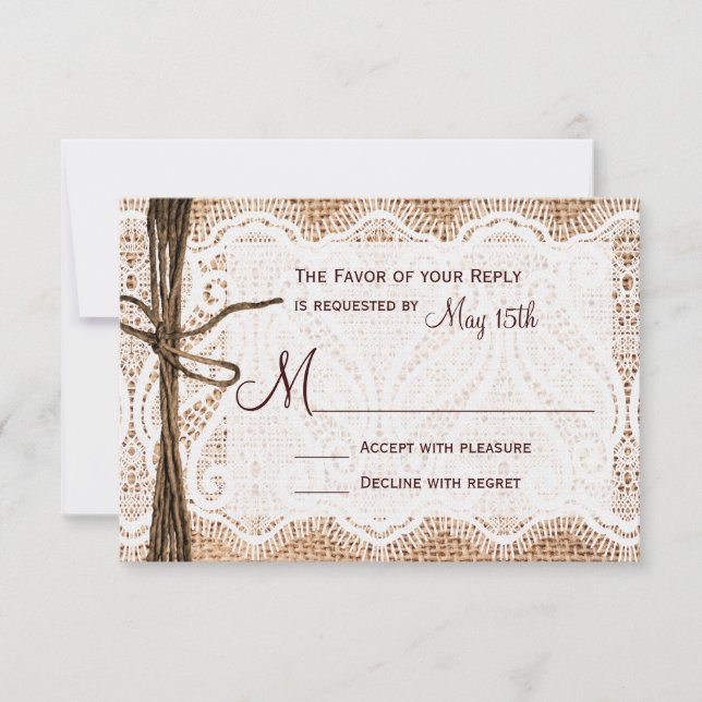 Rastic Country Burlap Lace Twine Wedding RSVP (Anverso)