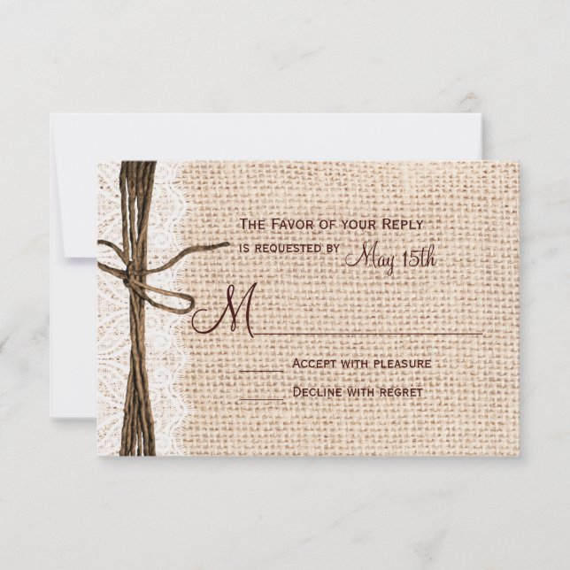 Rastic Country Burlap Lace Twine Wedding RSVP (Anverso)