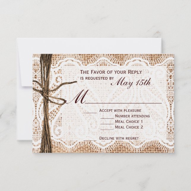 Rastic Country Burlap Lace Twine Wedding RSVP (Anverso)