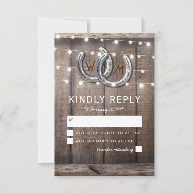 Rastic Country Horseshoe Barn Encendido Boda RSVP (Anverso)