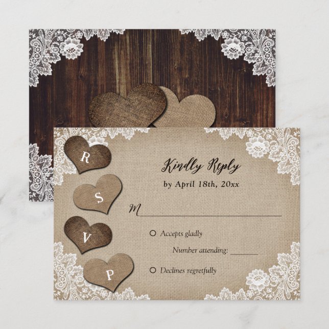 Rastic Country Wood Burlap Lace Wedding RSVP (Anverso / Reverso)