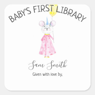 Ratón acuarela - etiqueta de placa de biblioteca