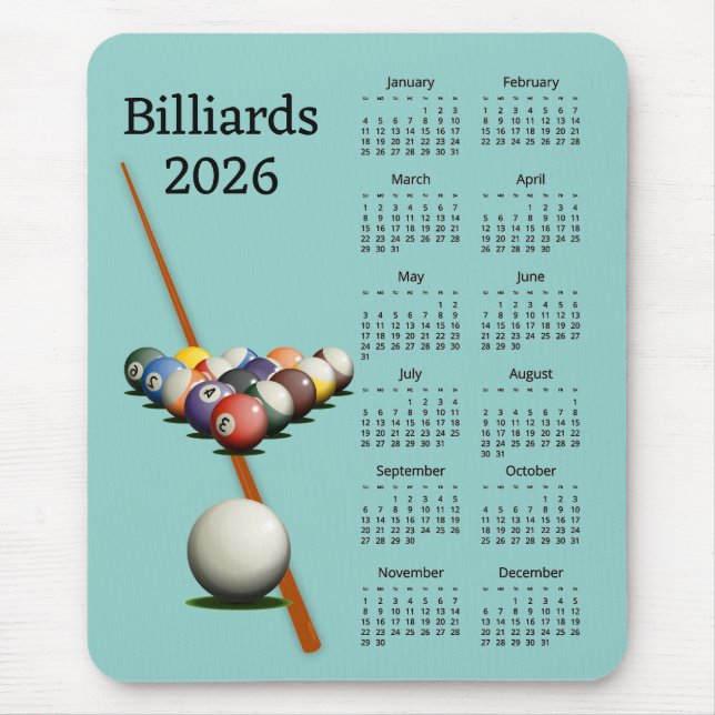 Ratón Alfombrilla de calendario 2026 de billar pool (Frente)