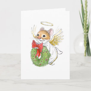 Ratón ángel de Navidad con tarjeta de corona
