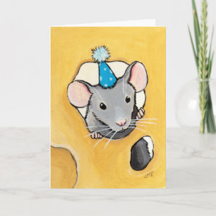 Ratón con un sombrero de fiesta azul - Tarjeta de