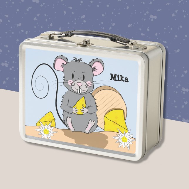 Ratón gris Personalizado lindo comiendo queso niño (Cute cartoon mouse eating cheese kid lunch box .)